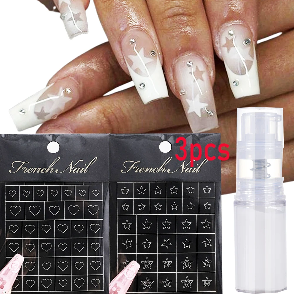 3個/セット ハートスターデザインテンプレートステッカー スプレーパワーネイルアートピグメント 10g ホワイトフレンチチップスプレーディッピングパワーネイルパウダー