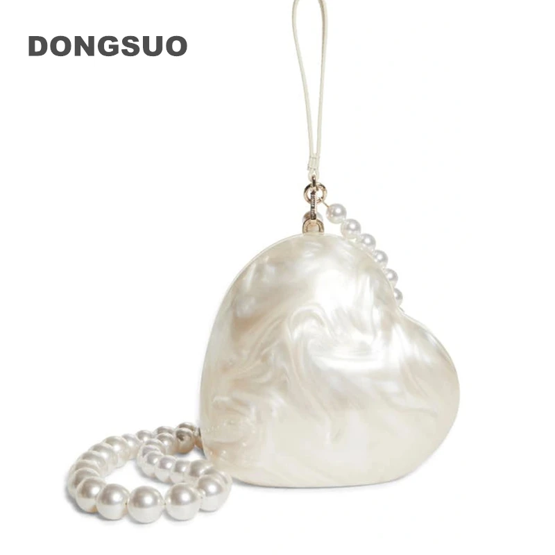 Women Acrylic heart bag cute pearl Evening Clutch Bag with strap For Wedding Party Luxury Purses And Handbags Designer