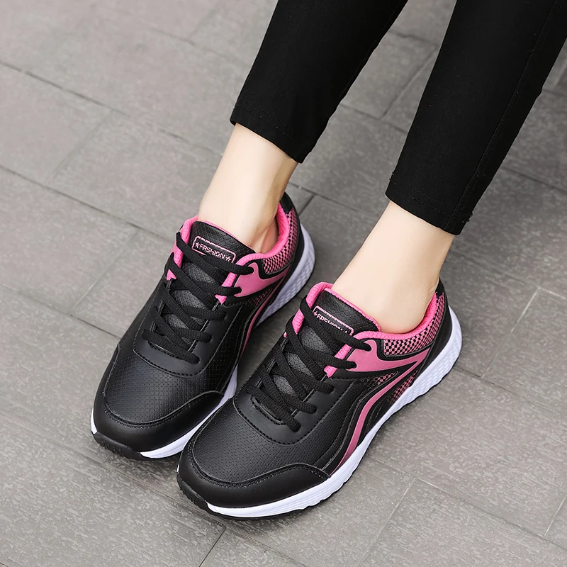 Gray Pink Leather Sneakers for Women Thick Sole Running Shoes PU Outdoor Tennis Trainers Casual Walks Jog Gym Shoe Autumn Size41