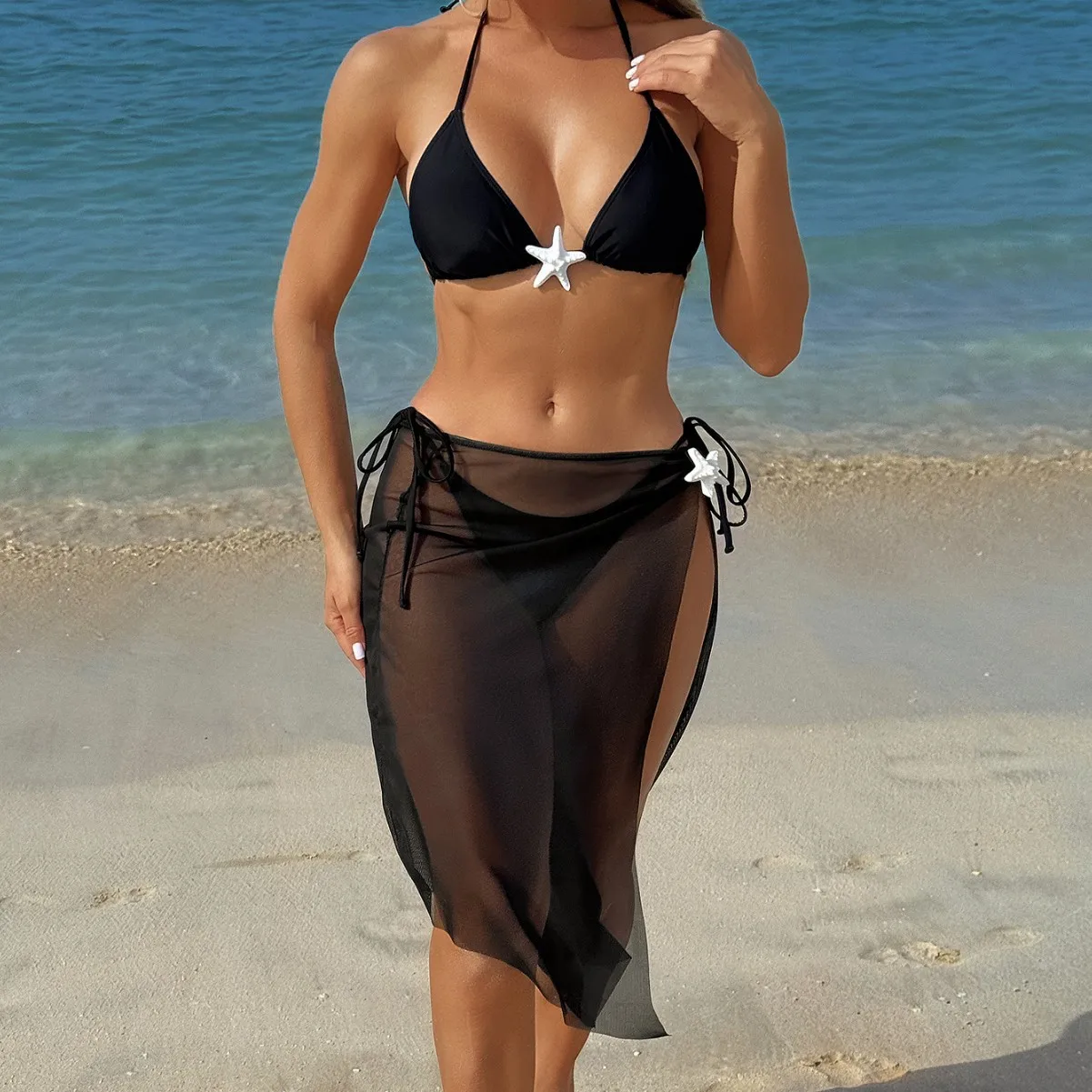 3 Pcs Starfish Bikini Swimsuit Women Halter Triangle Bathing Suit Side Tie Mesh Long Sarong Cover‑Up Brazilian Beach Swimwear