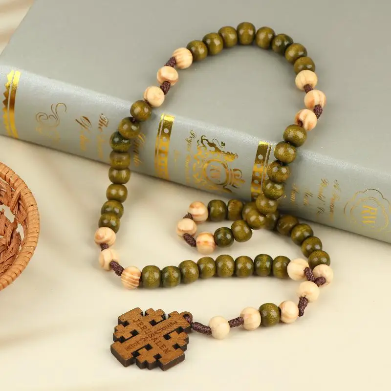 Wooden Cross Prayer Beads Religious Ornaments Cross JesusRosary Necklace Jewelry Gift