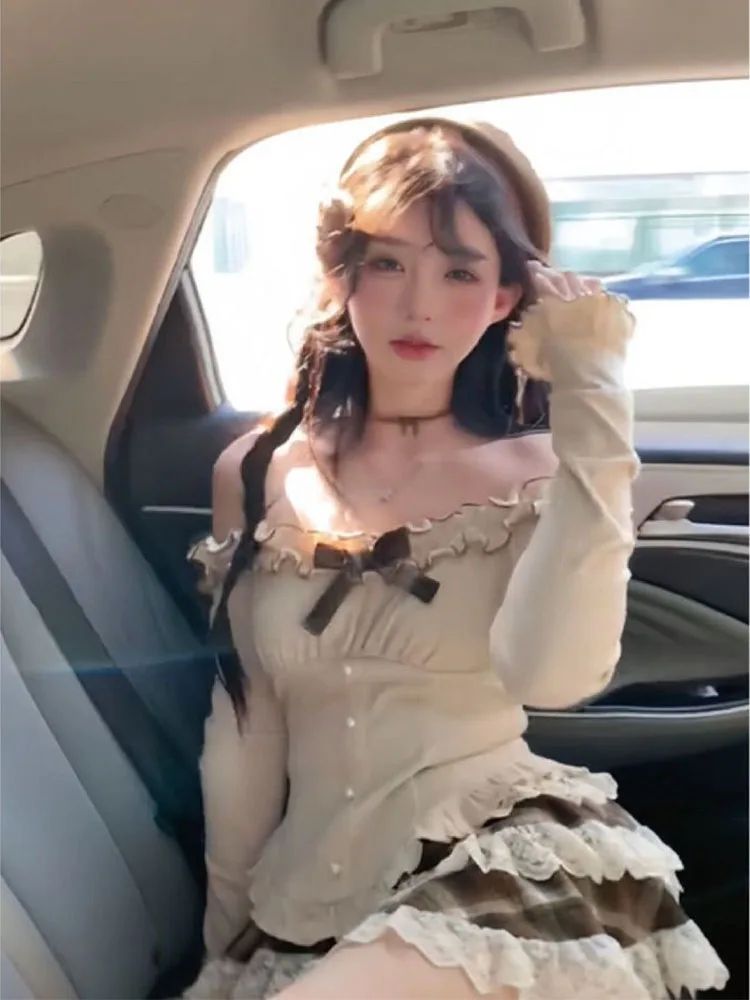 Sweet And Spicy Girl Plaid Cake Skirt Women's Spring Pure Desire One oulder Top Princ Puffy ort Skirt Set