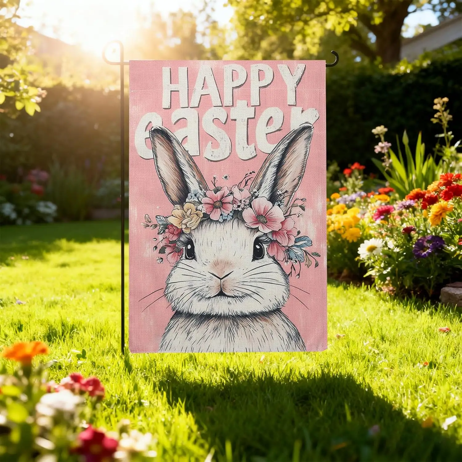 12 x 18 Inches Easter Bunny Flag Outside,Easter Garden Flag,Spring Garden Flag Burlap Flag Outdoor Farmhouse （pink) ZZM