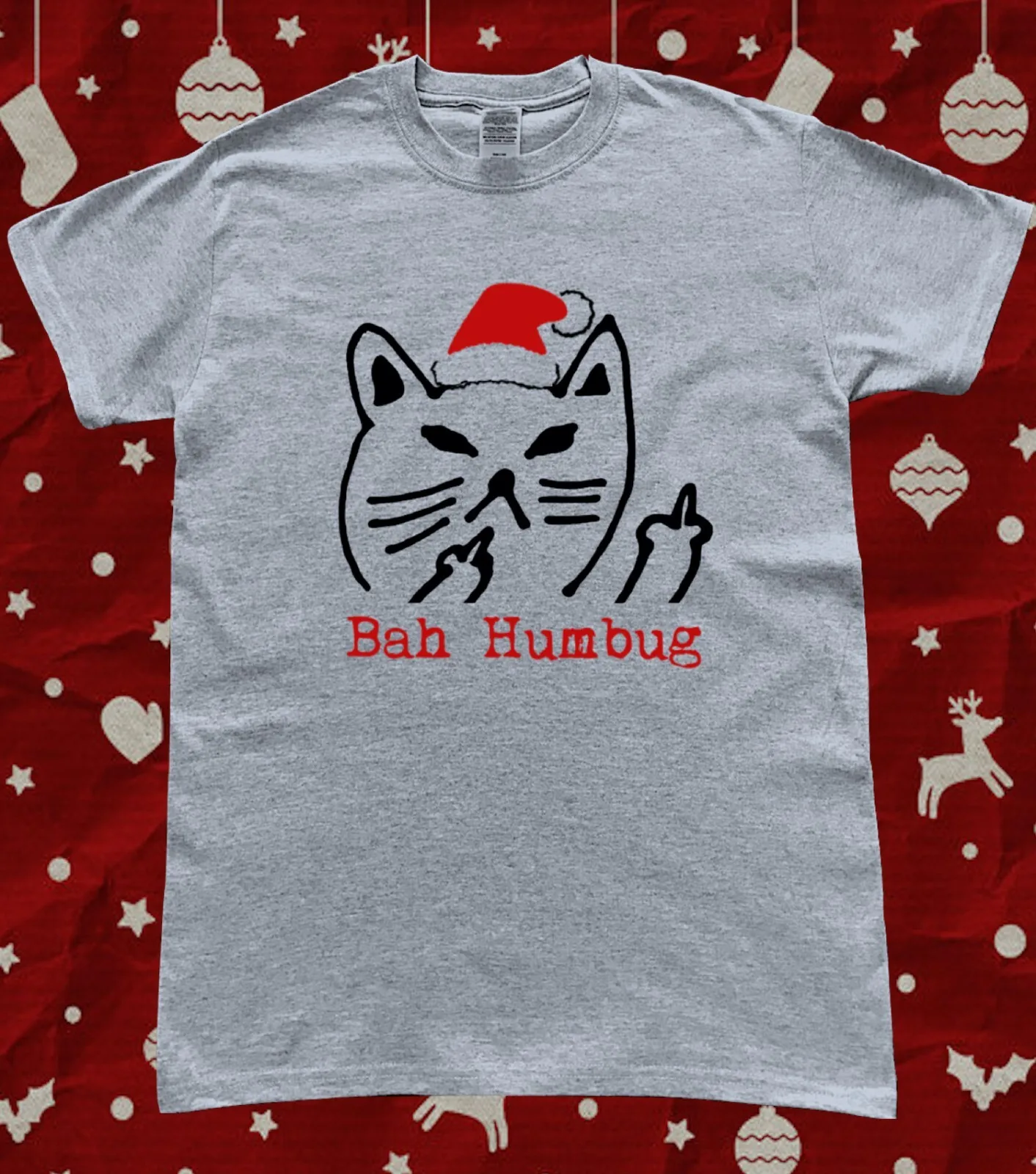 Bah Humbug Funny Cat Finger Santa Hat Christmas T-Shirt