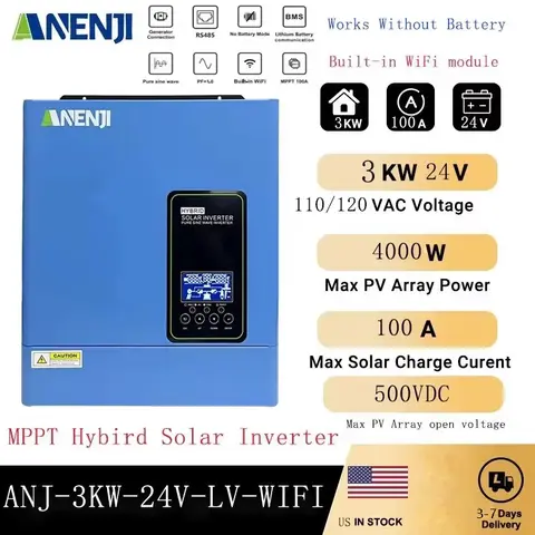 ANENJI Hybrid Solar Inverter 3KW 24V 110V/120V MPPT Pure Sine Wave Off Grid Photovoltaic Inverter with100A Solar Charger PV 500V