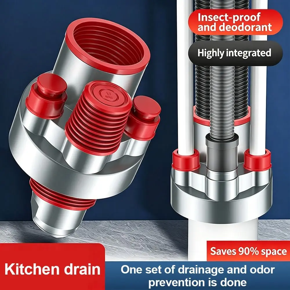 Anti Odor Sink Drain Pipe Adapter 4 in 1 Sealing Ring Kitchen Basin Sewer Branch Multifunctional Dishwasher Water Pipe Connector