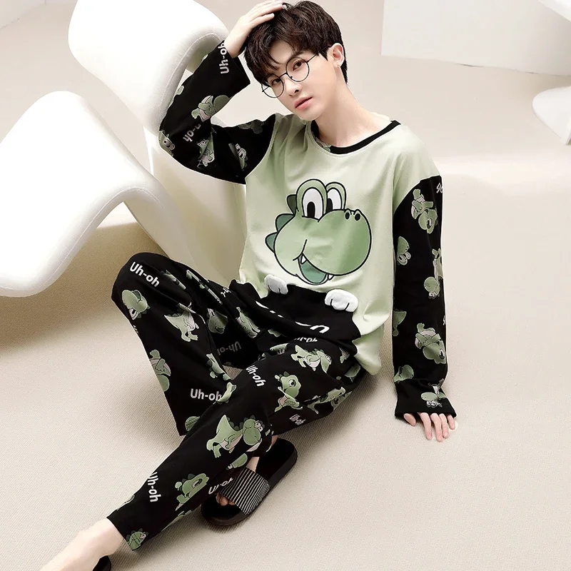 Autumn Cartoon Dinosaur  Women Men Pajama Set Couples Sleepwear Korean Loose Unisex Pijamas Mujer Long Sleeve Cotton Pyjama