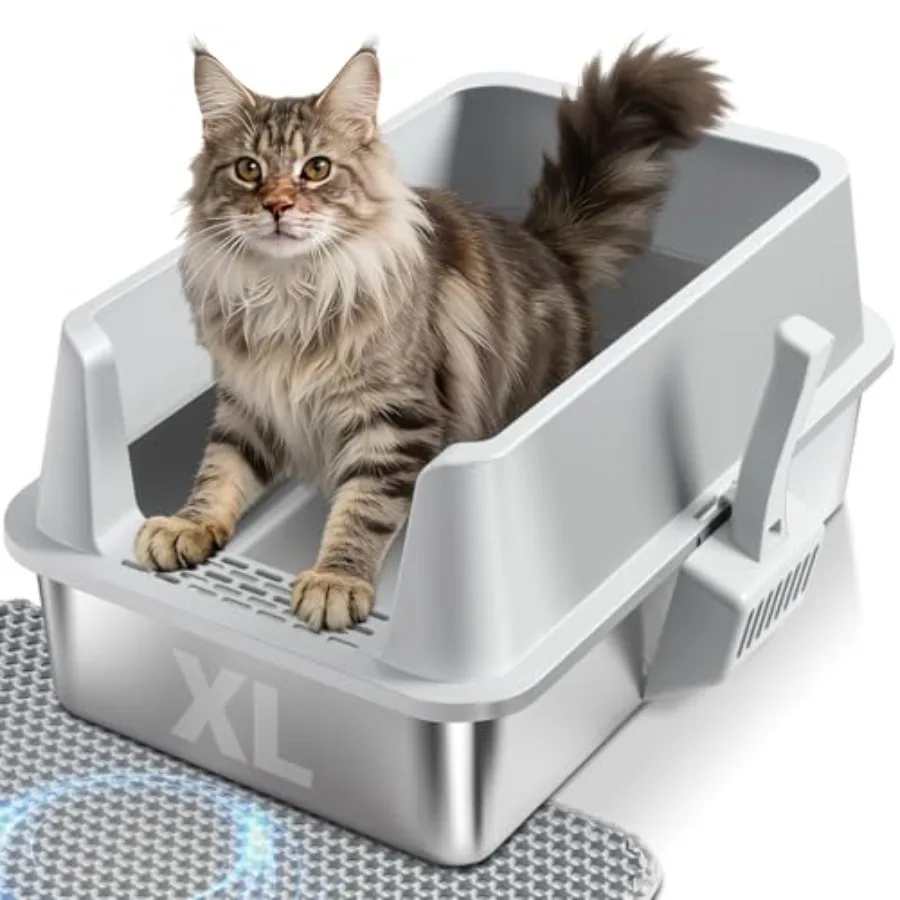 

Stainless Steel Litter Box, Extra Large Metal Cat Litter Box with High Sides Lid, XL Litter Boxes for Big Cats, Anti-Urine Leak