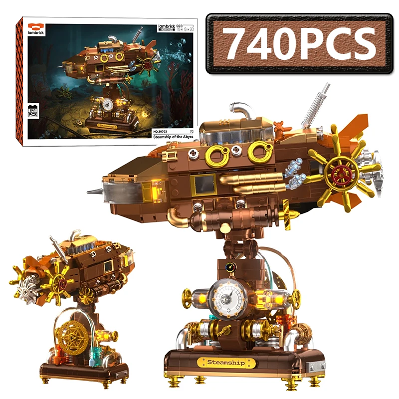 

Набор строительных блоков MOC «Ретро-подводная лодка» (740 деталей) с LED-подсветкой, модель-головоломка, развивающий подарок для детей