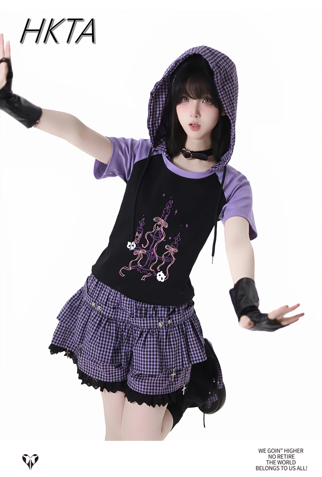 

Punk Fashion Y2k T Shirt Purple Plaid Skirt Culottes Set 2025 New Summer Color Matching Short Sleeve Top Mini Skirt Leg Cover