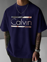 Men's Relaxed Loose Crew Neck T-Shirt - 100% Polyester Breathable Short Sleeves, CALVIN Slogan Print