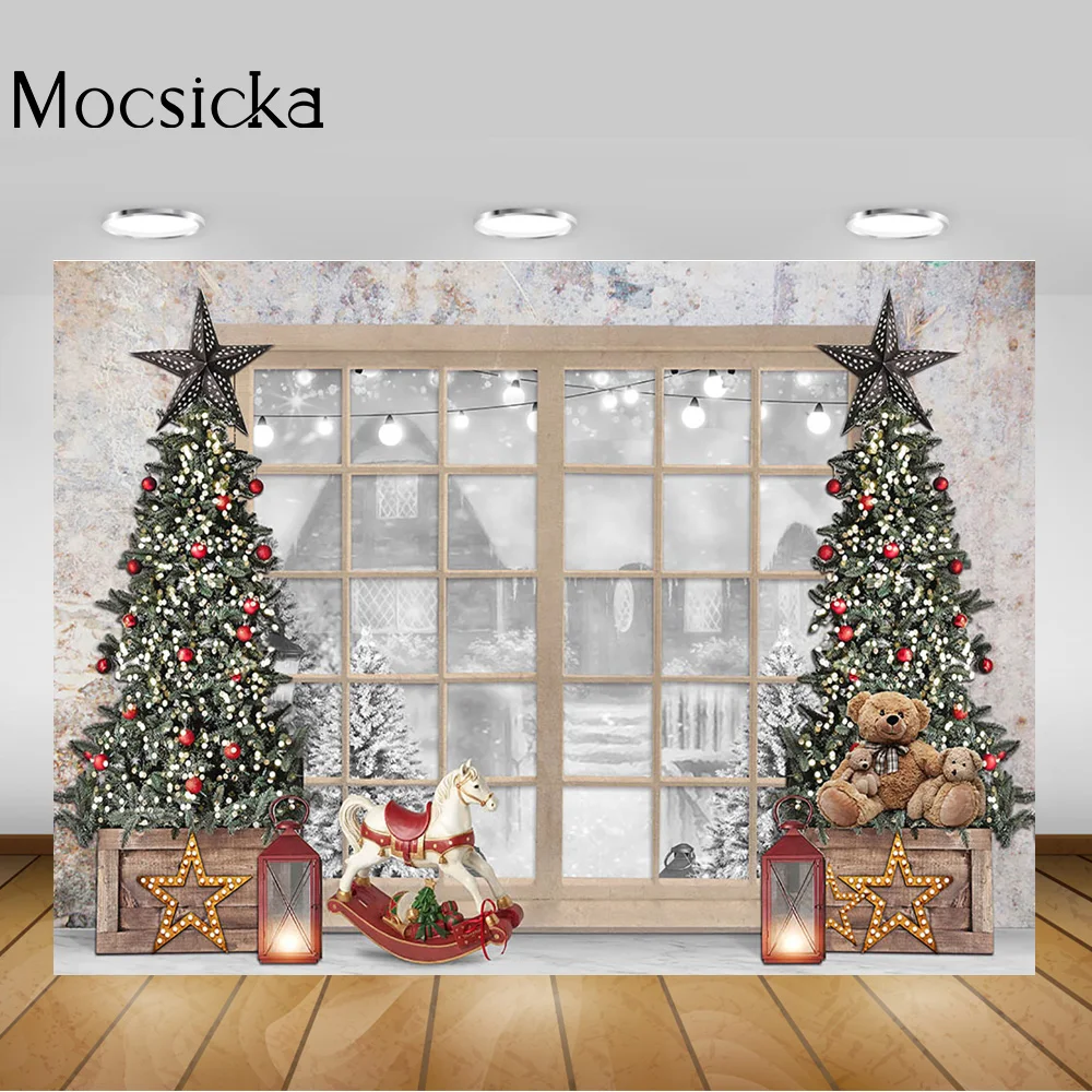 雪に覆われた窓の背景,クリスマスツリー,クマのおもちゃ,冬のパーティーの装飾,ポートレート写真撮影