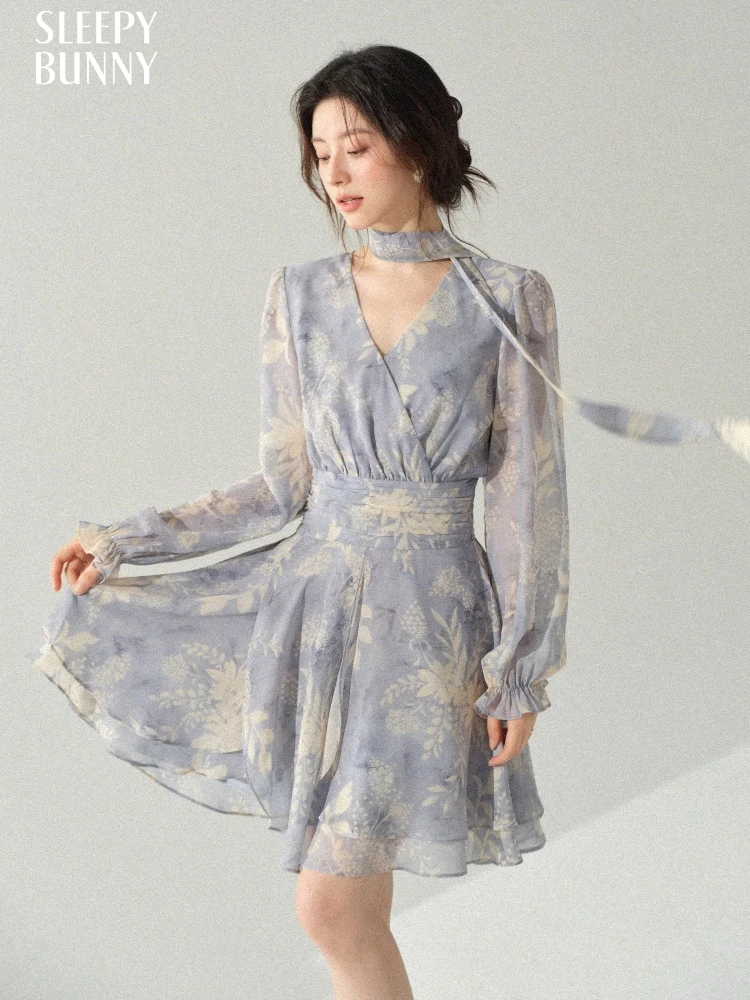 

Women Floral Print Chiffon Dress V Neck Irregular Tie Mini Dress Elegant Puff Sleeve A Line Dress Vintage Summer Party Outfit
