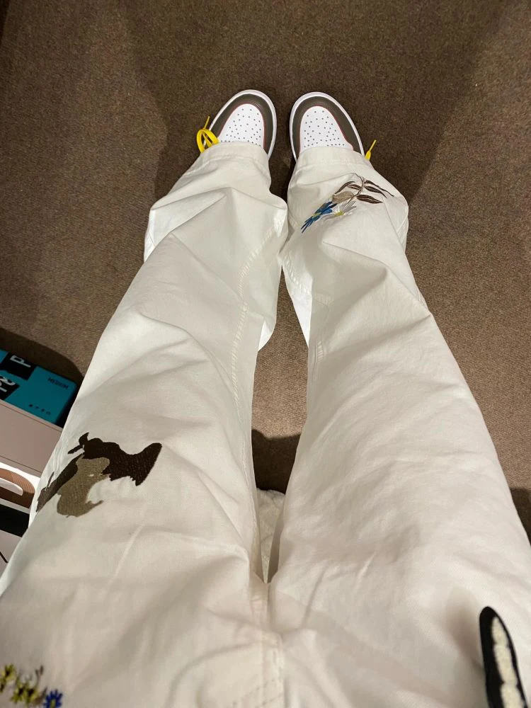 

American High Street Embroidered White Jeans Men's Handsome High-End Straight Loose Hip Hop Casual Long Trousers
