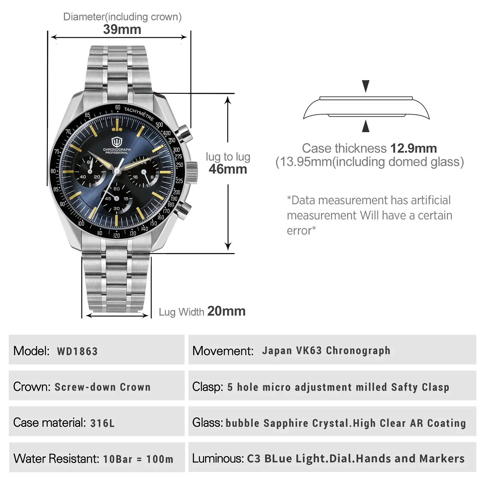 Watchdives WD1863 39mm Quartz Chronograph Sapphire Crystal 10Bar
