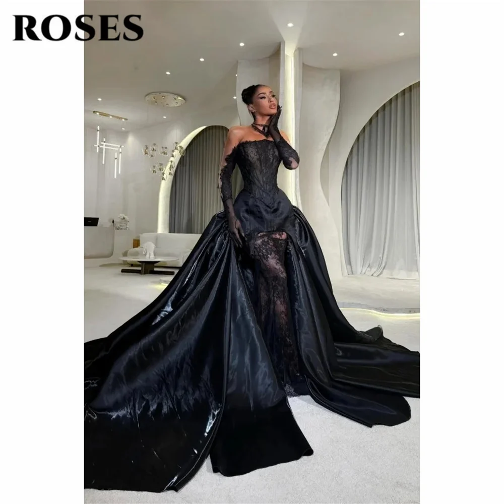 ROSES Black Prom Dresses Off the Shoulder Evening Dress Long Sleeve Party Dress High Low vestidos de fiesta Unique Customized