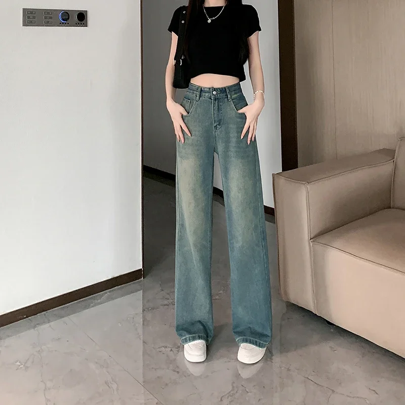 American Vintage Jeans Women Baggy High Waist Street Wear Casual Denim Pants Female Fall New Blue Wide Leg Pant