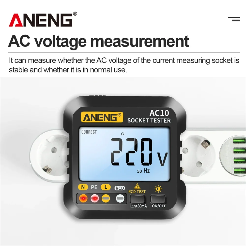Aneng AC10 Socket Tester Plug Detector Nul Lijn Plug Polariteit Fase Controleren Fase Detector Us/Eu Plug Multimeter Digitale tester