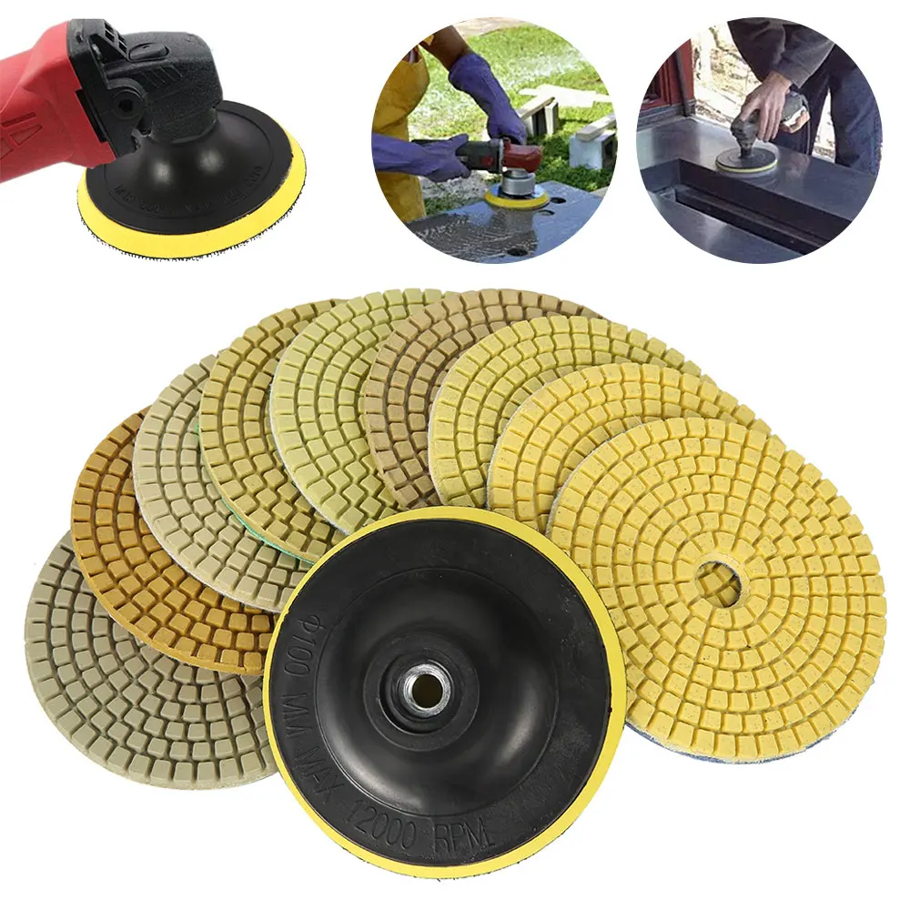 10pcs 4 Inch Diamond Polishing Pads Set Wet Dry Polishing Pad Kit 50/100/200/400/800/1500/3000 Grit Sanding Polisher Pads Disc