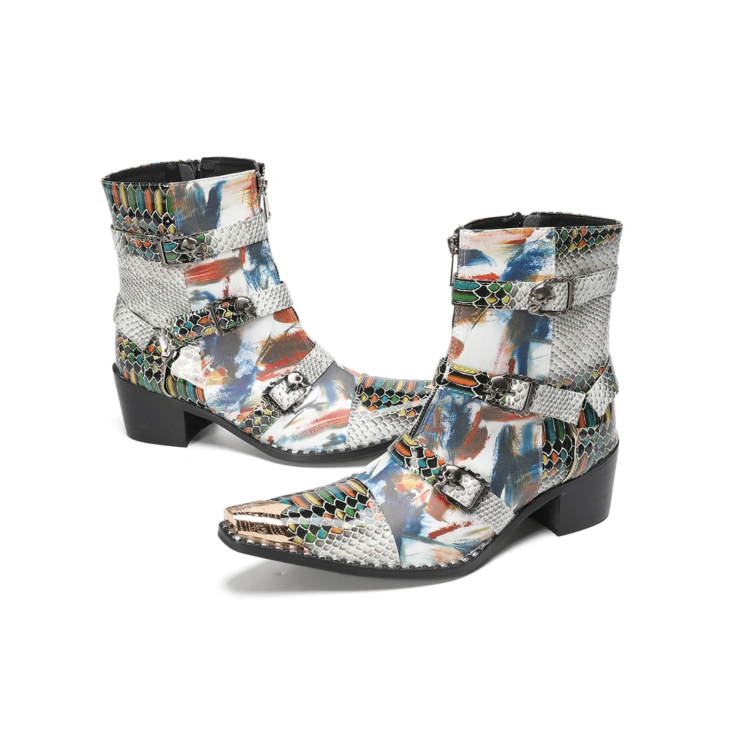 

Designer New Colorful Prints Men Ankle Boots Luxury Metal Toe Belt Buckle High Heel Chelsea Boots Western Cowboy Knight Shoes