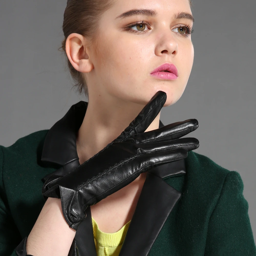 GOURS-luvas de couro preto real para mulheres, couro de cabra genuíno, forro polar, quente, macio, moda motriz, botões, inverno, novo, GSL017