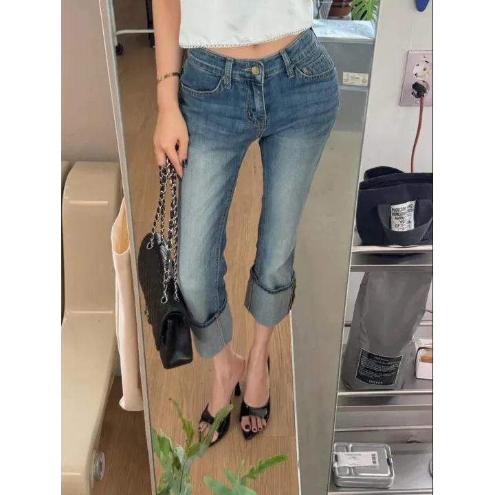 Slim Fit Low Waist Korean Style Jeans Women's High Hip Rollover  Seven-Foot Vintage Denim Casual Tight Leggings