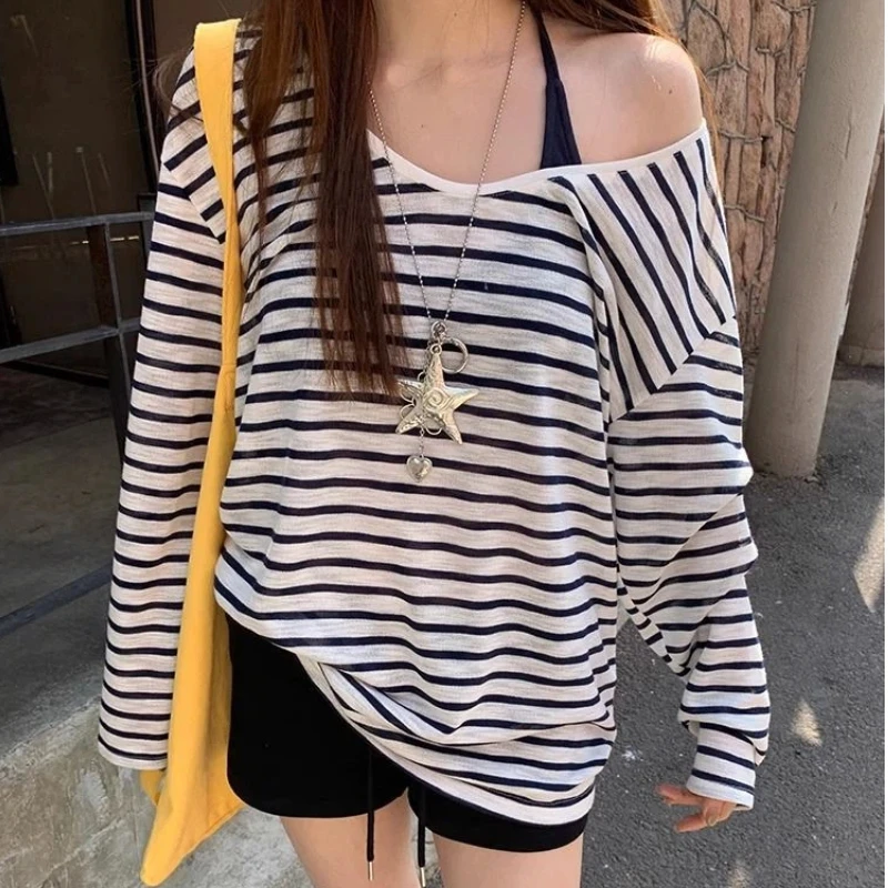 Lazy Long Sleeve Loose Contrast Striped Tops Thin V Neck All-match Street Casual T Shirts Summer Fashion Trend Women Clothing