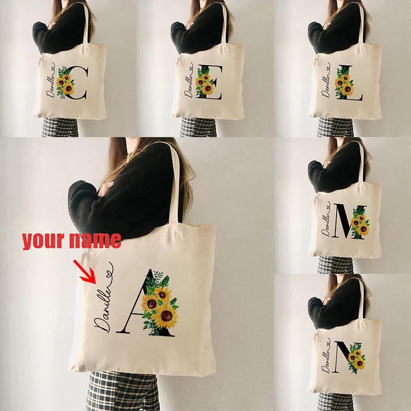 Sunflower Initials Customized Canvas Shoulder Bag Travel Storage Tote Bag Large Capacity Handbag Shopping Bags Personalized Gift