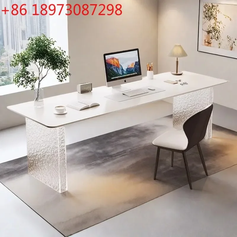 Light luxury acrylic rock slab desk, white silent wind sofa, double long stone pattern desk