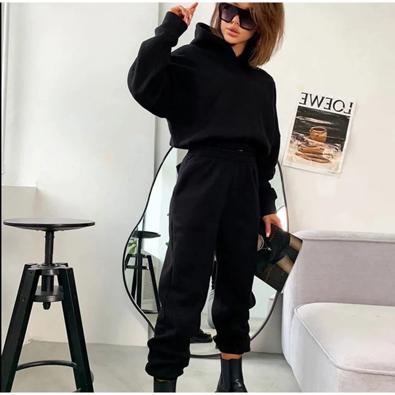 Autumn Winter Women\'s Tracksuit Thick Female Solid Color Cropped Sweatshirt Lady\'s Pencil Pants Trousers Women\'s Clothing Sales