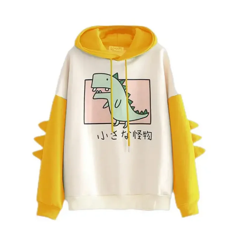 Cute Dinosaur Cartoon Hoodie Women Fashion Sweatshirt Casual Print Long Sleeve Korean Style Splice Tops Kawaii Clothes