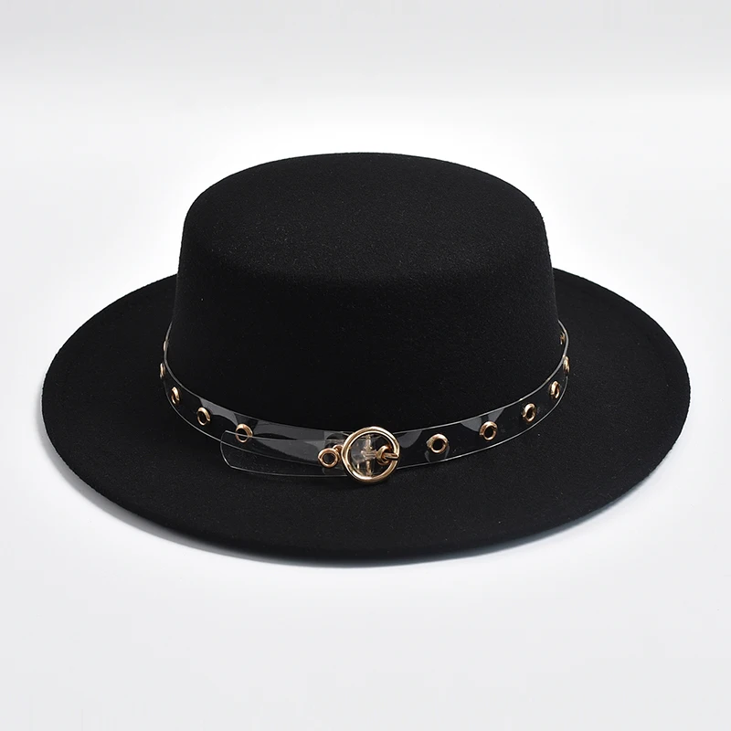 New Flat Top Fedora Hat for Women Metal Chain Decor Felt Jazz Hats Autumn Winter Elegant Wedding Party Hat Chapeau Femme