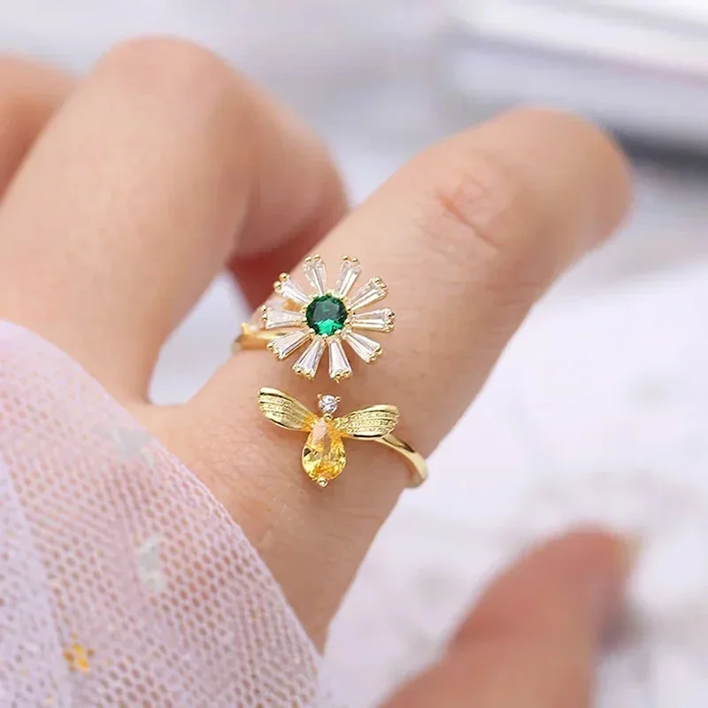 2026 Cute Flower and Honey Bee Opening Rings for Women Silver Color/Gold Color Colored Cubic Zirconia Fashionable Girl Jewelry - view 4