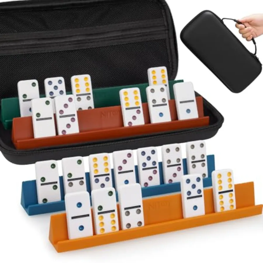 

Double 6 Dominos Set for Adults with 28 Tiles 2x1x0.28 Inch and 4 Silicone Domino Racks 10x1.18x1.18 Inch, Classic Board Games