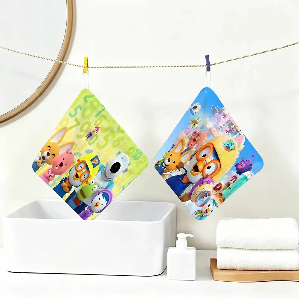 Cartoon P-Pororo Cute Polyester Cotton Hand Wiping Towel with Hanging Loop, Lightweight for Home and Commercial Use