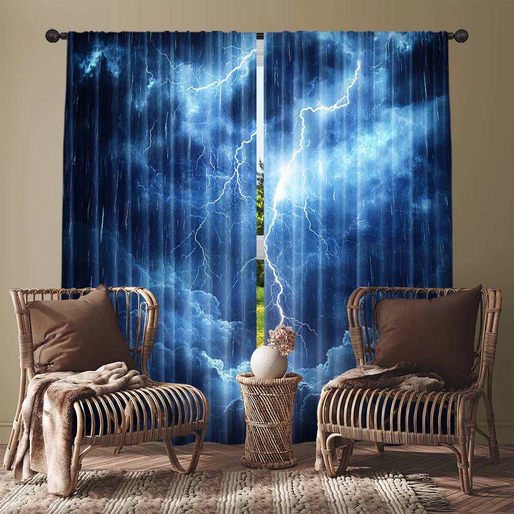 2pcs 3D Blue Lightning Curtains Thunderstorm Cloud Window Drapes Dark Aesthetic Decor for Boys Bedroom Gaming Room