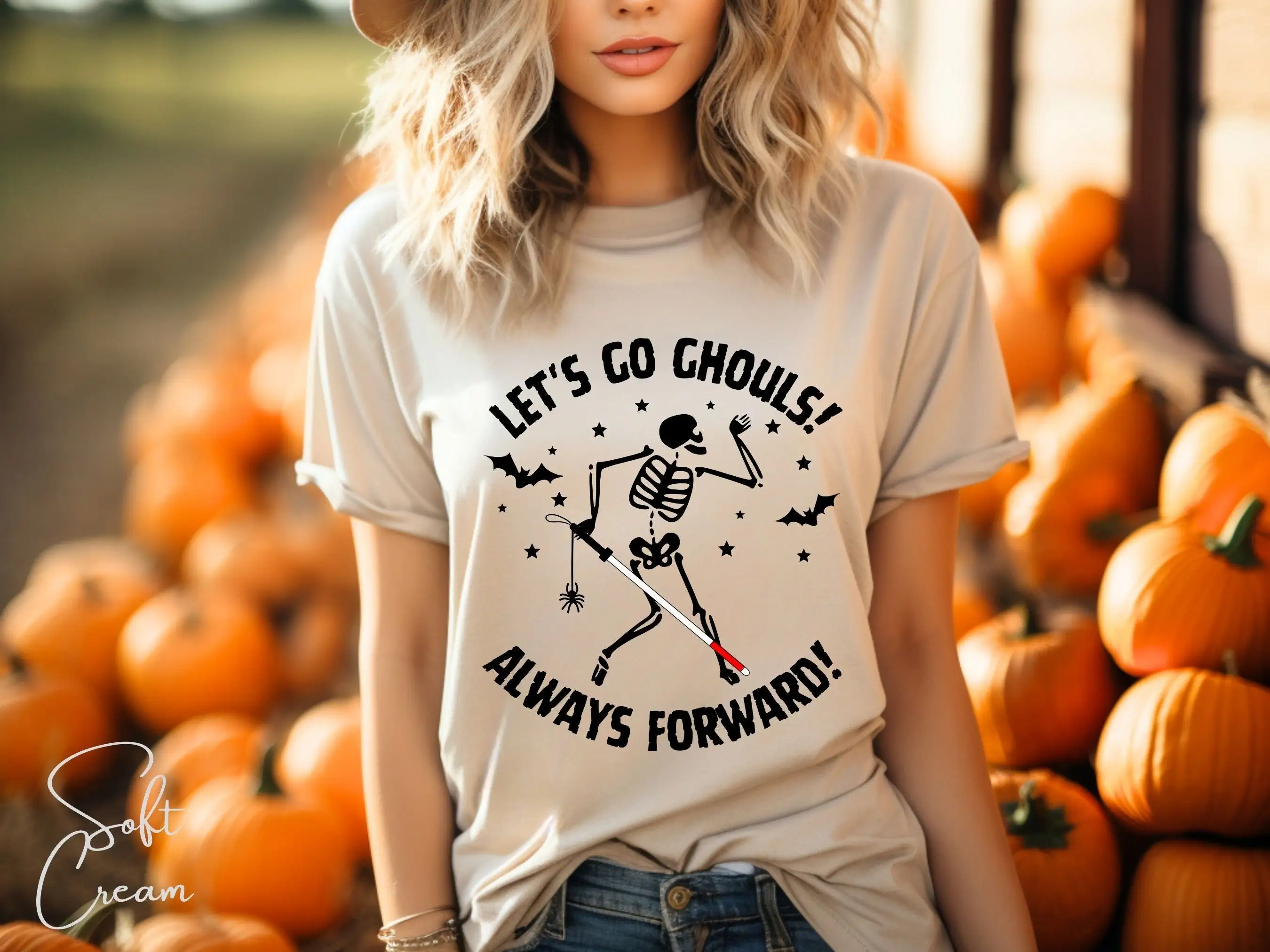 Let'S Go Ghouls Always Forward Orientation And Mobility Halloween T Shirt Blind Traveller White Cane Coms Instructor Sped Para