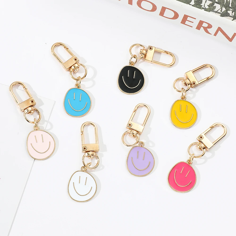 Cute Smile Face Keychain Enamel Metal Key Ring Bag Accessory in White Purple Yellow Pink Blue Black for Women Ladies