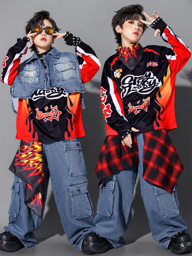 Kinder-Streetdance-Auftrittsoutfit Jungen Hip-Hop Denim-Kleidungsset Atmungsaktive Polyesterfaser Rundhals-Print-Design – Detail 15