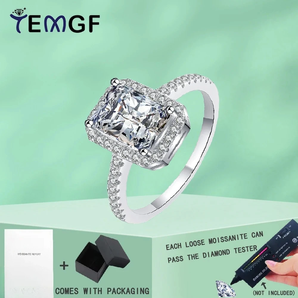 

TEMGF Moissanite Ring for Women Emerald Radiant Cut S925 Sterling Silver Wedding Bridal Band Sparkling Luxury Fine Jewelry Gifts