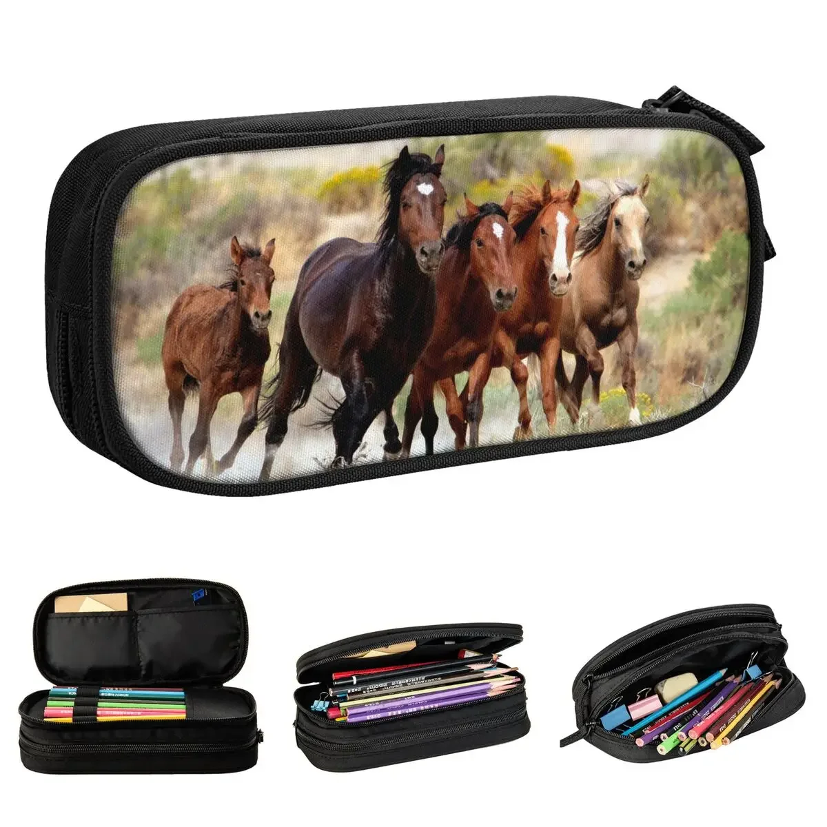 

Brown Horse Herd Running Pencil Cases Galloping Animal Lovers Pencil Pouch Pen Box for Girl Boy Big Capacity Bag Gift Stationery