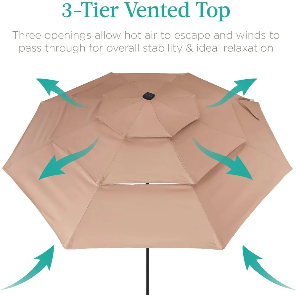 Parapluie solaire à 3 niveaux de 10 pieds, pare-soleil de marché extérieur pour arrière-cour, terrasse, bord de la piscine avec 24 lumières LED, manivelle facile, 8 nervures-Tan