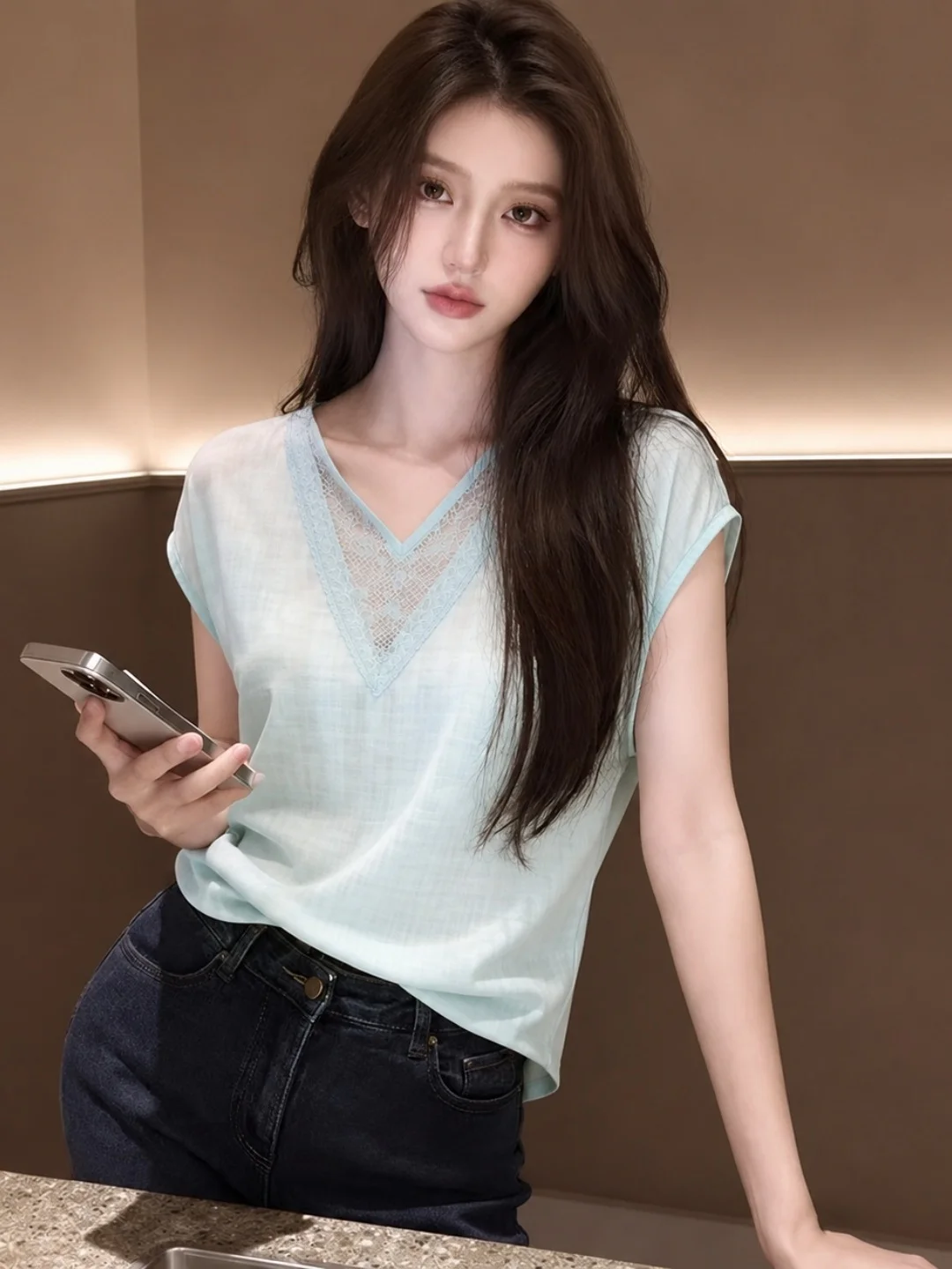 

Korean Style Sweet V-Neck Lace Splicing Lightweight Summer Loose Soft Top Commute Slimming Versatile Basic Short Sleeve Shirt