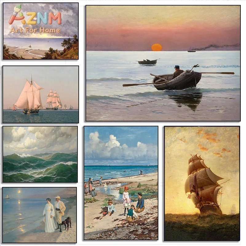AZNM Vintage Ocean Seascape Canvas Wall Art Classical Sailboat Beach Figure Oil Painting Print for Living Room Bedroom Home Deco