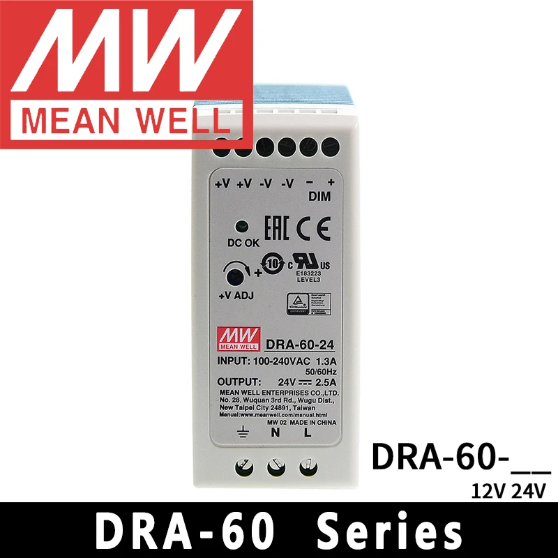 Mean Well DRA-60-12/24 meanwell 60W AC/DC 90-264VAC Input Single Output Switching Power Supply