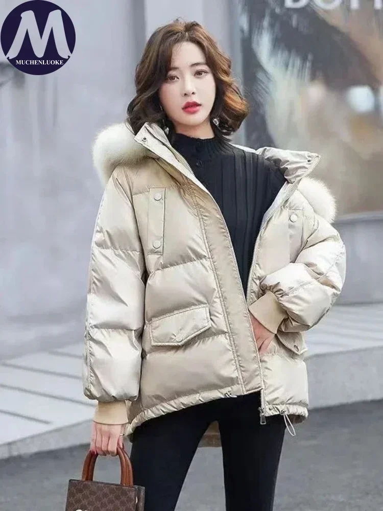 White Duck Down Hooded Jacket with Fur Collar for Women Short Parkas Slim Fit Glossy Warm Coats Korean Fashion Autumn Winter New