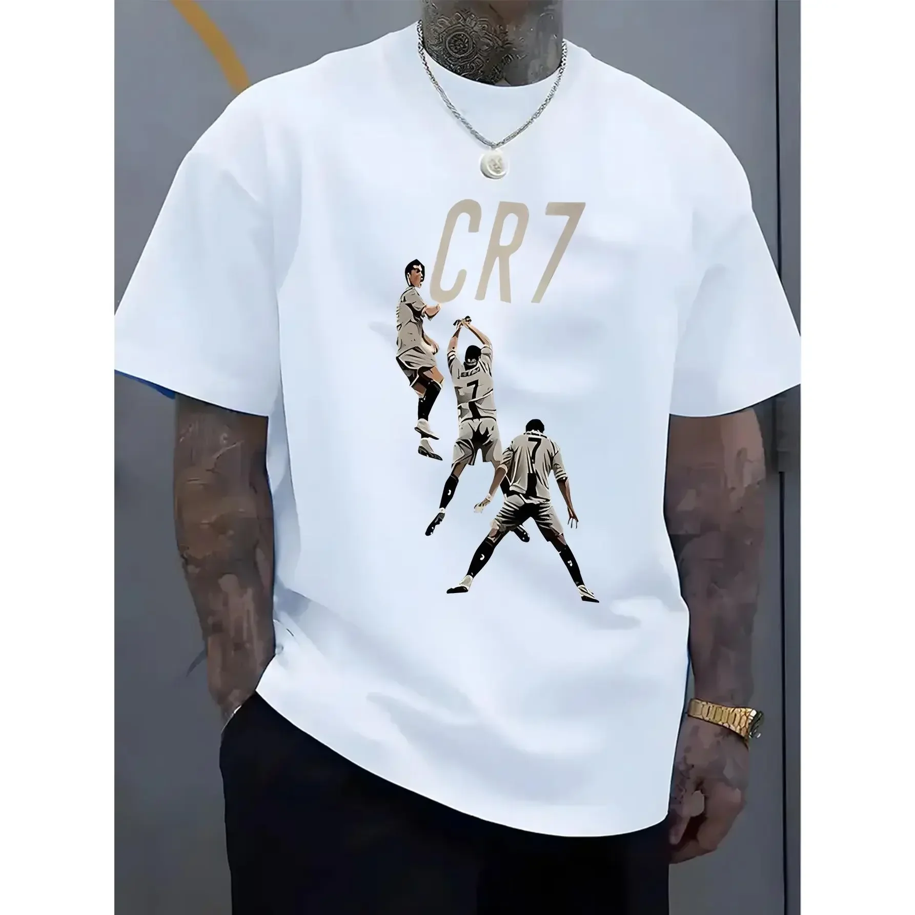 Men's Ronaldo-Inspired CR7 Logo Stylish Basic T-Shirt - White 'R'&'7' Lettering, Breathable Polyester Knit, Casual Round Neck Shortsleeve Menswear Undershirt for Fans, Casual Attire