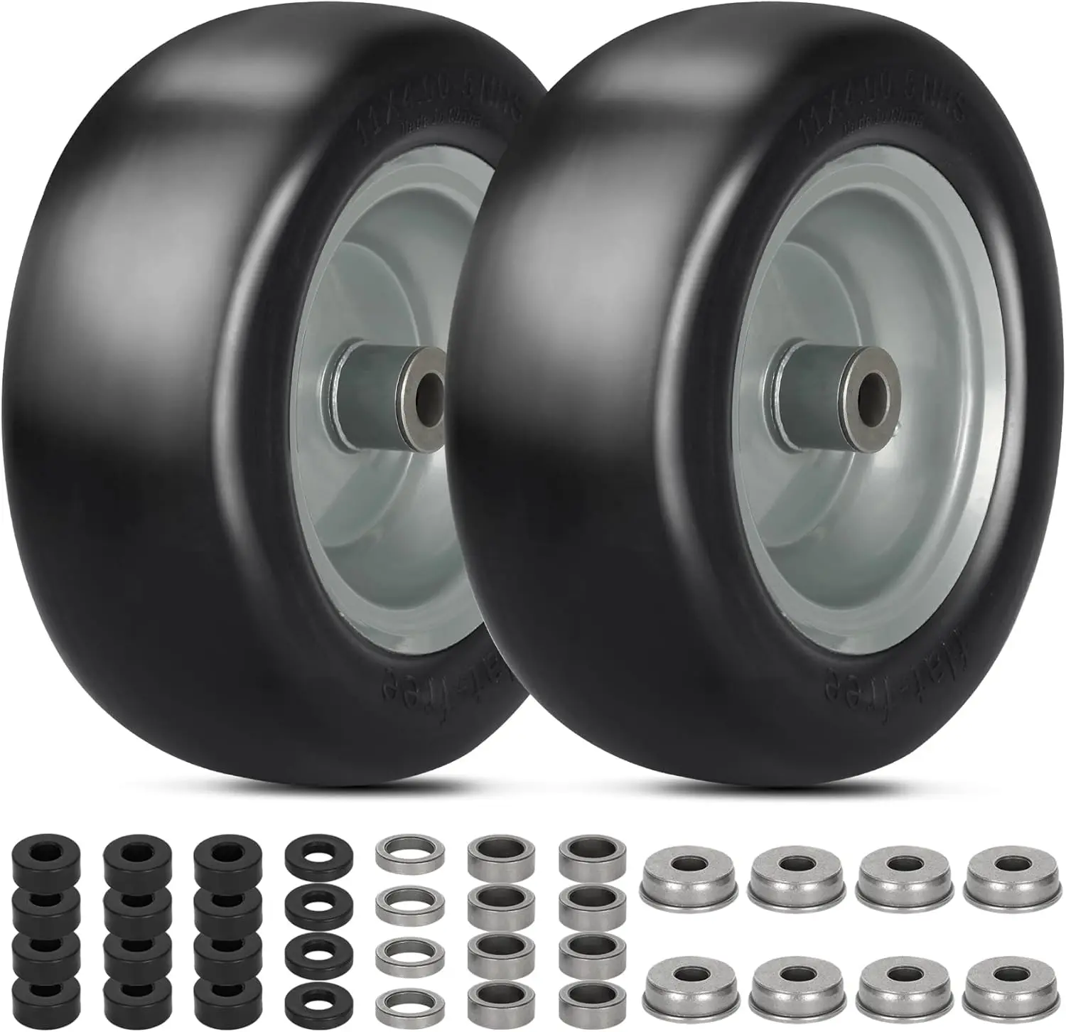 

2-Pack 11x4.00-5" Flat-Free Lawn Mower Tires with Universal Adapter Kit, Smooth Tread for Zero-Turn Mowers and Outdoor Equipment
