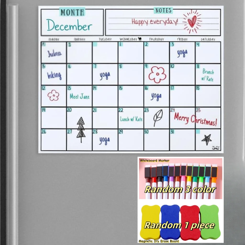 Magnetic Dry Erase Calendar, 14.7 x 11.8, Black, Magnetic Fridge Calendar with 3 Dry Erase Markers