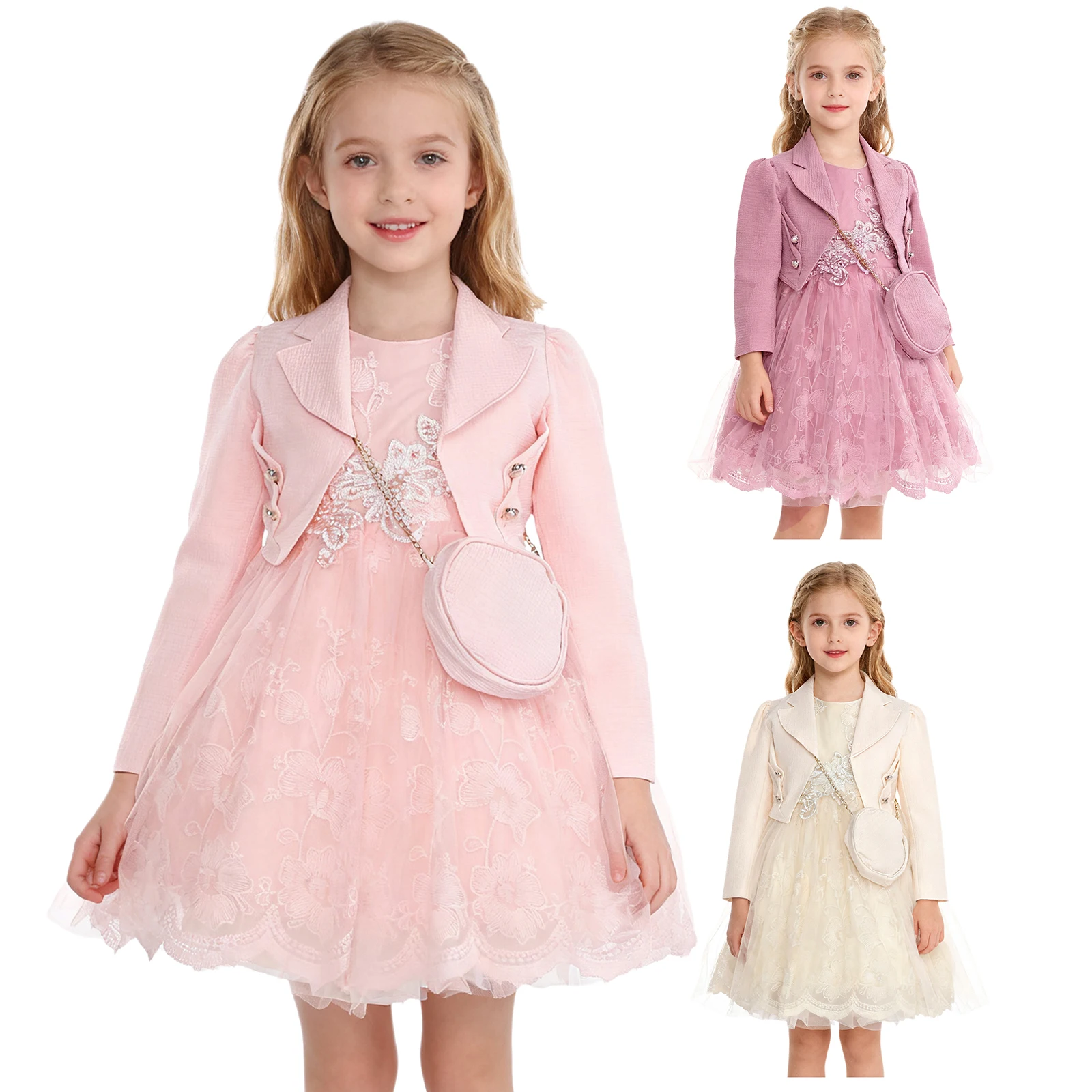 فستان أنيق للفتيات لحفلات الأميرة فستان بدون أكمام من التول المطرز بالزهور مع سترة وحقيبة لحفلات الزفاف وأعياد الميلاد